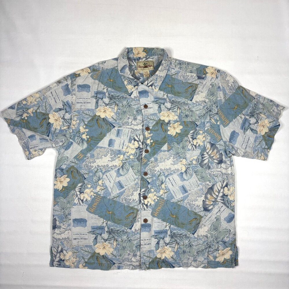 Seven Palm Brand Blue 100% Silk Hawaiian Coconut Shell Button Shirt Mens XL